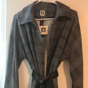 Black and white plaid coat with leather wrap
